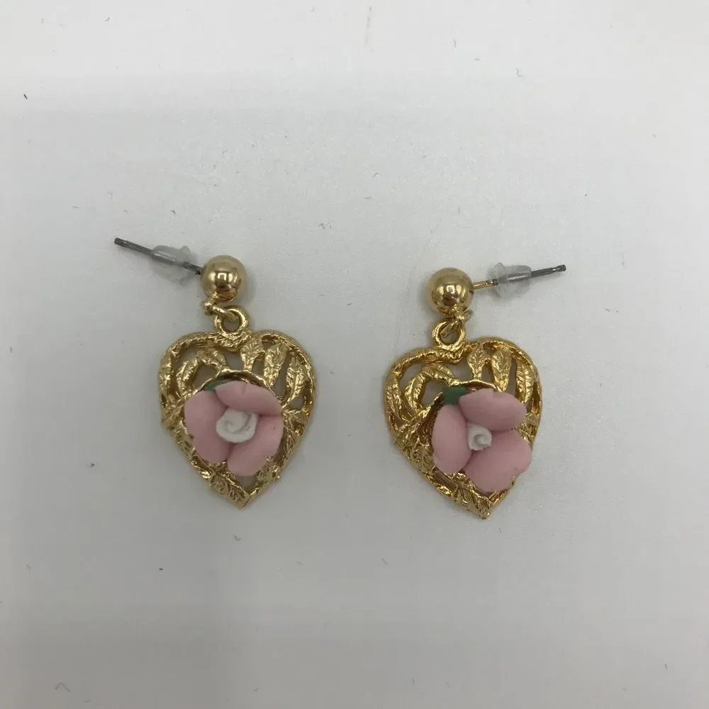 Pink Mini Rose Rosette Flower Gold Tone Small Dangle Earrings